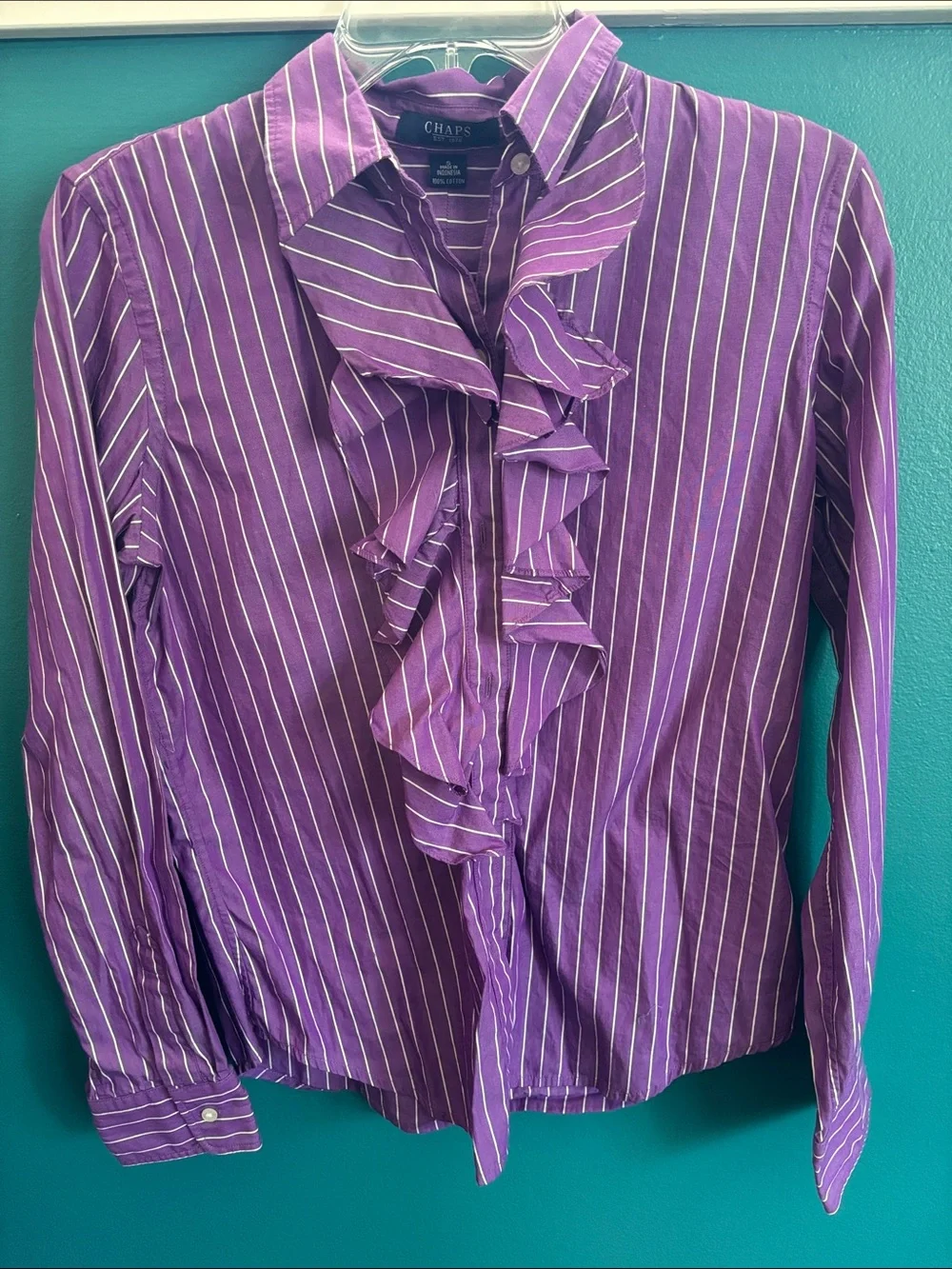 Chaps Purple Striped Ruffle-Front Button Blouse